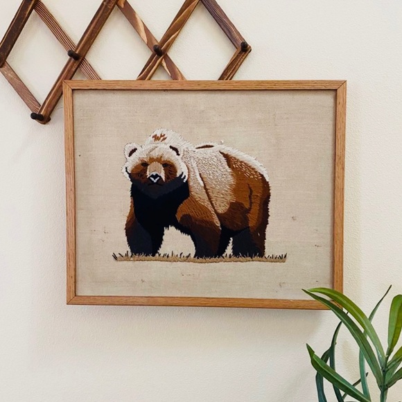 Vintage Other - Vintage Embroidered Framed Bear Wall Hanging